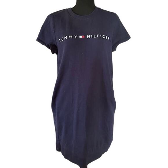 Tommy Hilfiger Navy T-Shirt Dress with Pockets Size M | Logo Front, 100% Cotton - Picture 1 of 6
